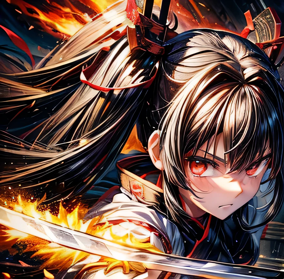 Black Hair　Twin tails　Yagyu Shinkage-ryu Sword Master&#39;s License　Presence　Fit　　Tosei Gusoku　armor　Japanese sword　Beauty　swordsmanship　　Yan Fei&#39;s Sword　Nine Swords　One Yen Stance　Swordless Capture　front　Surrounded by Enemy Samurai　Whole body
