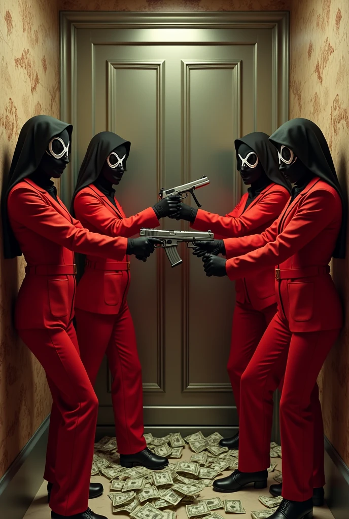 4 women who hold up a bank to open a safe with money in Casa de Papel outfit with weapons 