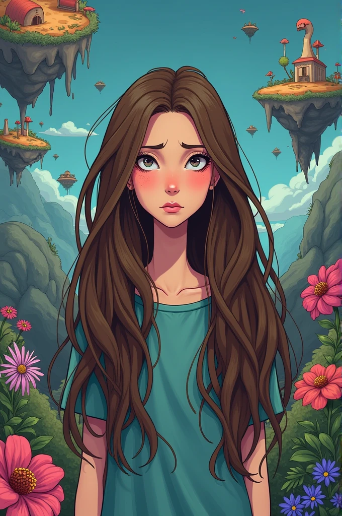 Fille brune au cheveux long plutôt triste et en depression dans le style d'Aventure Times