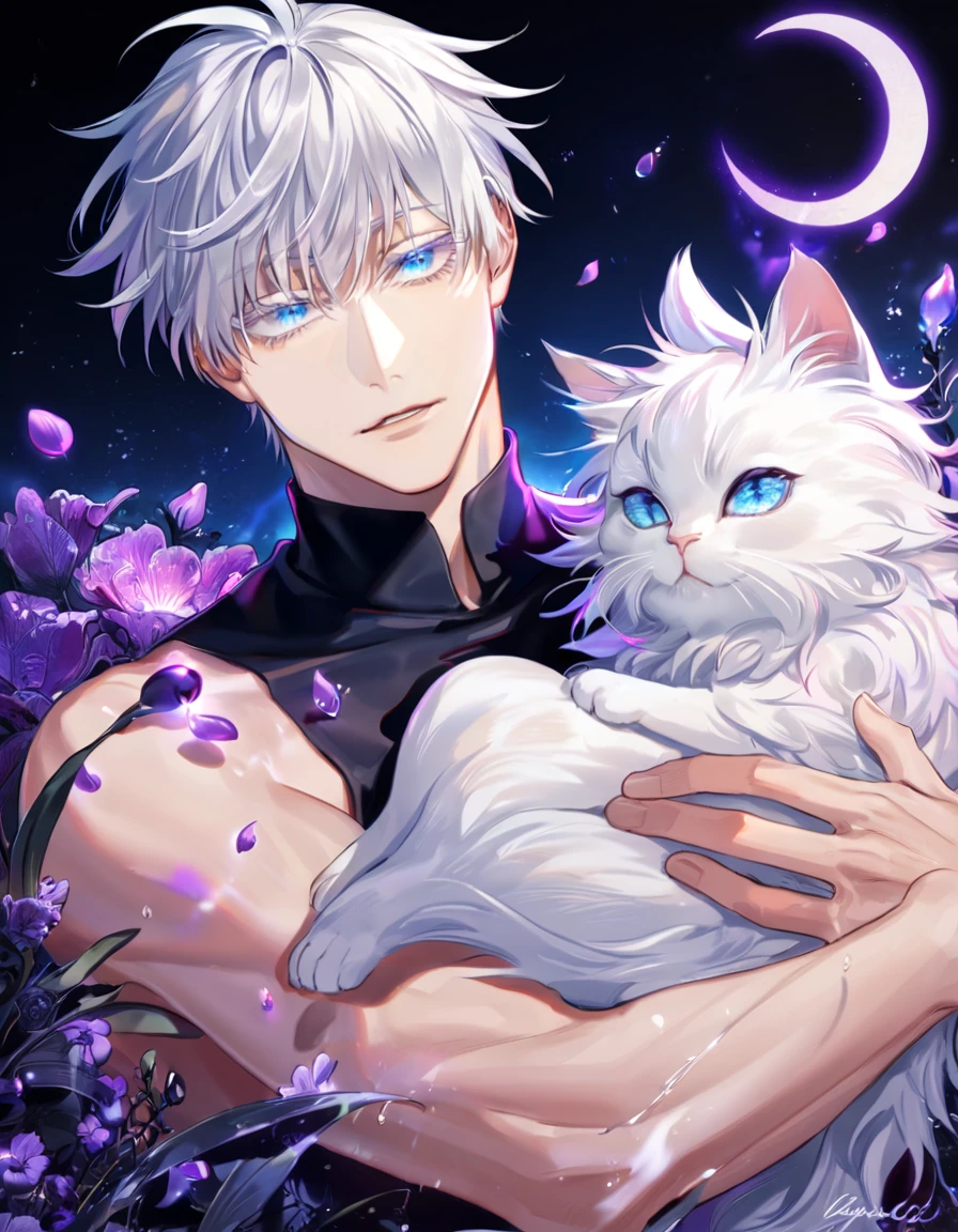 absurdres, highres, ultra detailed, HDR, master piece, Gojou Satoru, white hair with bangs, expressive blue eyes, white eyelashes, black clothes, Jujutsu Kaisen, holding a white fluffy cat, sexy man, handsome, best quality, purple glittering crescent moon, purple flowers, fantasy, magical, solo, water, purple shining fireflies, purple petals, purple fire, sensual, horny,