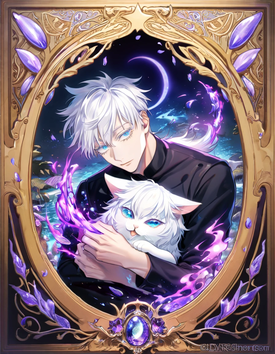 absurdres, highres, ultra detailed, HDR, master piece, Gojou Satoru, white hair with bangs, expressive blue eyes, white eyelashes, black clothes, Jujutsu Kaisen, holding a white fluffy cat, sexy man, handsome, best quality, purple glittering crescent moon, purple flowers, fantasy, magical, solo, water, purple shining fireflies, purple petals, purple fire, sensual, horny,