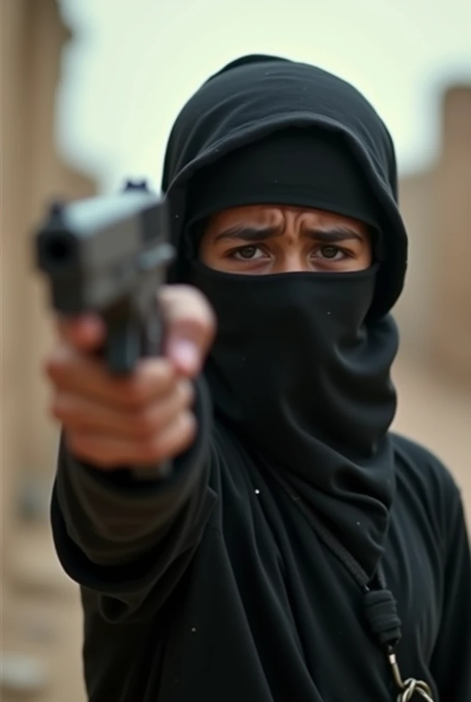 Photo of young terrorist pointing a gun at the camera while crying in a war context