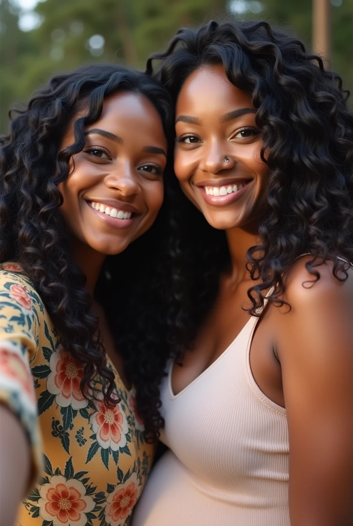  there is a black woman , the woman has curly black curly, she has dark skin, with dark brownish skin, with long curly, long black curly hair she is taking a long shot selfie with her pregnant friend 