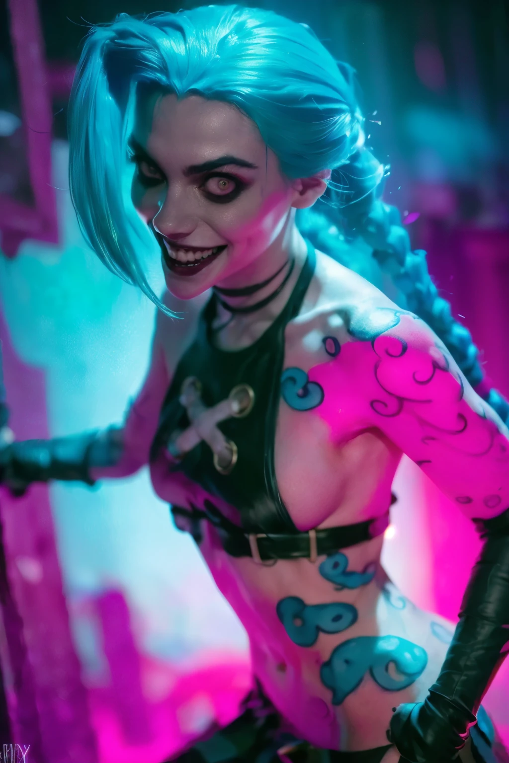 Hyper realistic super detailed Jinx cosplay ,(( Young girl, 15 years old)) , Very detailed, (hyper realistic: 1.4), ((in dynamic fight pose)) , ((angry face)) , twin braids, long hair, blue hair, red eyes, (((blue tattoo on arm))) , ((skinny body)) , (((psycho face, creppy smiling) )), arcane style. ((Grunge Neon grafitti background, cinematic lighting)).