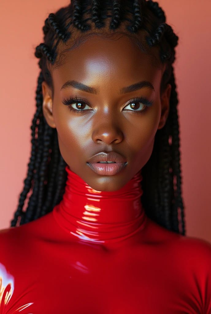 mixed woman, young, naked, african braids, dimples, thick belt around neck, red shiny latex bodysuit, close-up, UHD, retina, masterpiece, accurate, anatomically correct, textured skin, super detail, high details, high quality, award winning, best quality, highres
