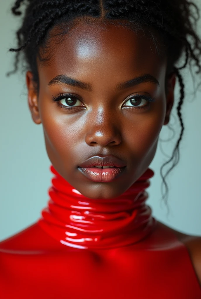 mixed woman, young, naked, african braids, dimples, thick belt around neck, red shiny latex bodysuit, close-up, UHD, retina, masterpiece, accurate, anatomically correct, textured skin, super detail, high details, high quality, award winning, best quality, highres
