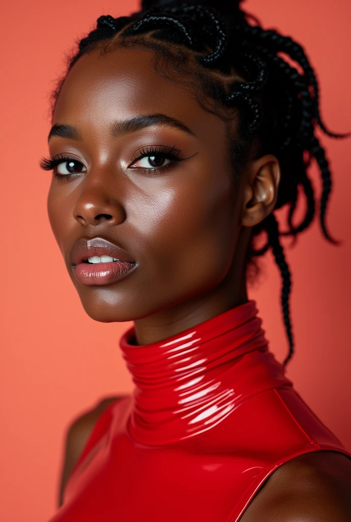 mixed woman, young, naked, african braids, dimples, thick belt around neck, red shiny latex bodysuit, close-up, UHD, retina, masterpiece, accurate, anatomically correct, textured skin, super detail, high details, high quality, award winning, best quality, highres