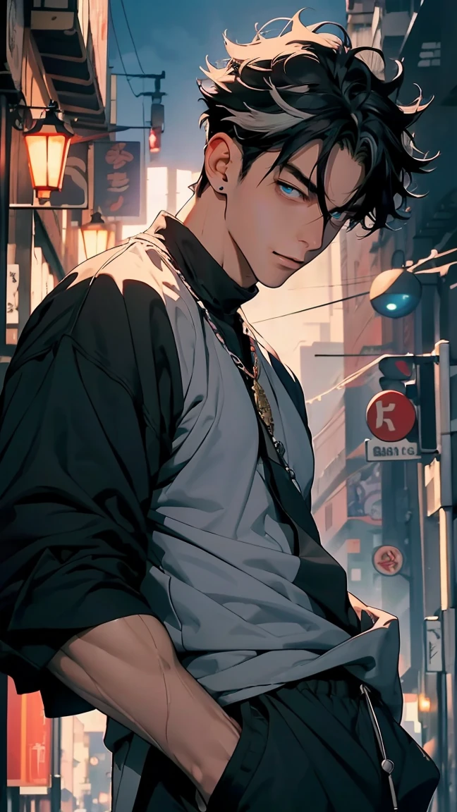 highest quality, 8K, high resolution image, anime style Jujutsu Kaisen, (Wriothesly/Genshin Impact), detailed strokes, bored look, blurry, purple light reflecting from it, (close angle), 1 man, young, male, model, Hand in pocket, Cool guy, multicolored background with different geometric shapes, around stickers, muscular, black hair, aqua eyes, multicolored hair, gray hair, hair between eyes, highlighted hair, puffy chest. He is wearing a white Collared shirt, black fur coat on shoulders, sleeves rolled up and black sweatpants, black sweatpants and a gold link chain, sweatpants, background: big city, street