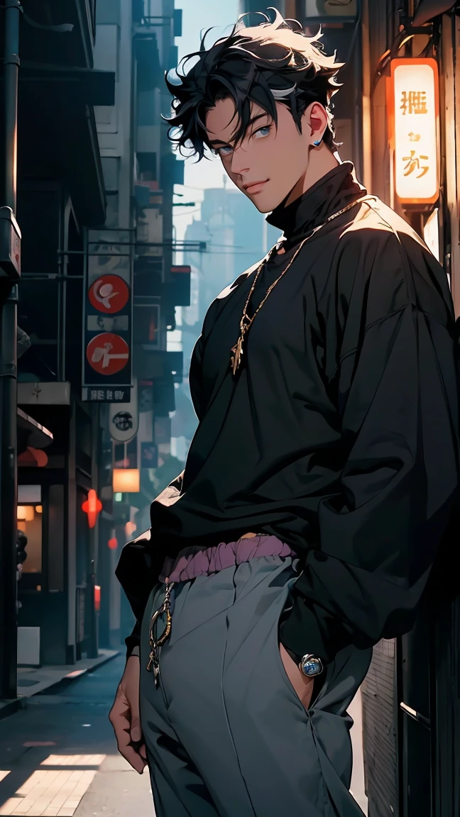 highest quality, 8K, high resolution image, anime style Jujutsu Kaisen, (Wriothesly/Genshin Impact), detailed strokes, bored look, blurry, purple light reflecting from it, (close angle), 1 man, young, male, model, Hand in pocket, Cool guy, multicolored background with different geometric shapes, around stickers, muscular, black hair, aqua eyes, multicolored hair, gray hair, hair between eyes, highlighted hair, puffy chest. He is wearing a white Collared shirt, black fur coat on shoulders, sleeves rolled up and black sweatpants, black sweatpants and a gold link chain, sweatpants, background: big city, street