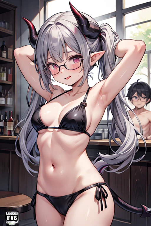 breasts, looking at viewer, blush, multiple girls, 1boy, navel, holding, 2girls, twintails, tail, swimsuit, hetero, grey hair, bikini, censored, multiple boys, horns, glasses, tongue, pointy ears, armpits, bar censor, black bikini, colored skin, cover, demon girl, demon horns, cover page, demon tail, doujin cover, duel monster, content rating