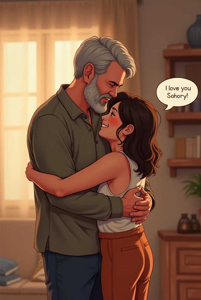 Dad hugging his daughter, with a message bubble that says I love you Sahory...