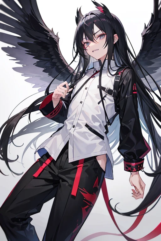 Anime male with long black hair and grey eyes woth sharp teeth and has fallen angel wings 