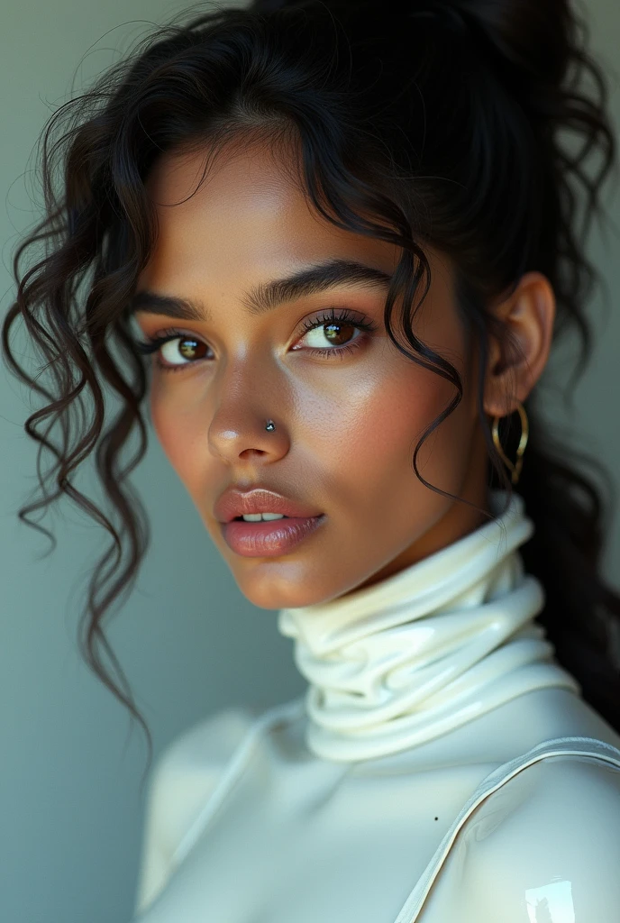 indian woman, young, naked, curly mullet, dimples, thick belt around neck, white shiny latex bodysuit, close-up, UHD, retina, masterpiece, accurate, anatomically correct, textured skin, super detail, high details, high quality, award winning, best quality, highres