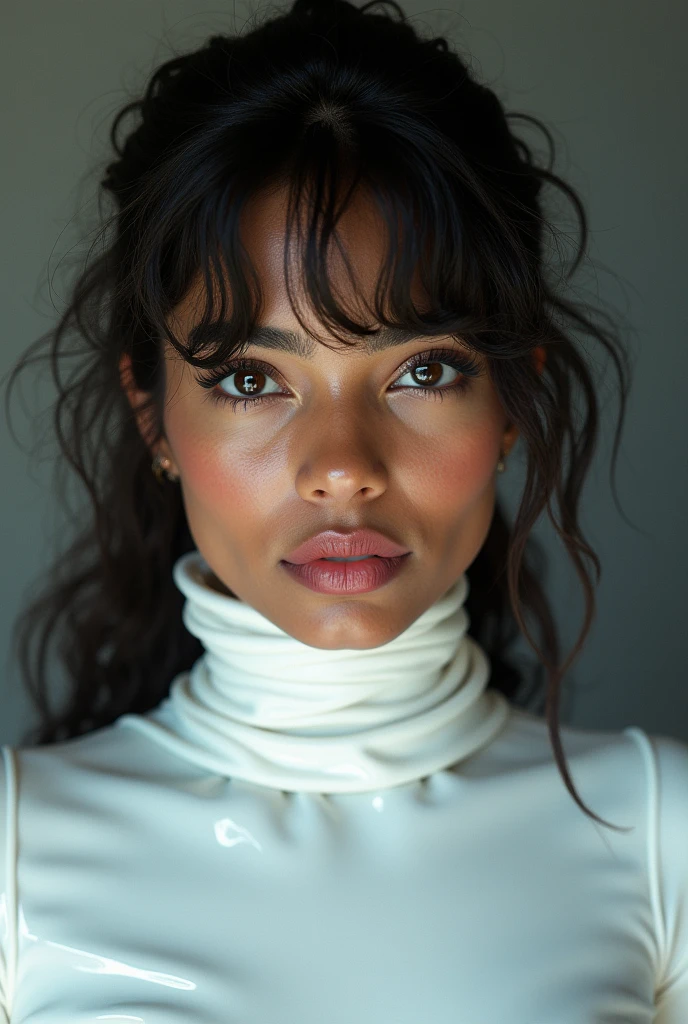 indian  woman, young, naked, curly mullet, dimples, thick belt around neck, white shiny latex bodysuit, close-up, UHD, retina, masterpiece, accurate, anatomically correct, textured skin, super detail, high details, high quality, award winning, best quality, highres
