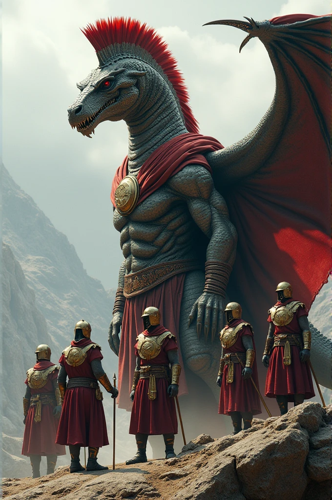 Dragon wearing the cape of a Spartan warrior with helmet, Spartans soldier stand bedside