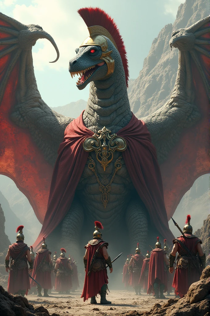 Dragon wearing the cape of a Spartan warrior with helmet, Spartans soldier stand bedside