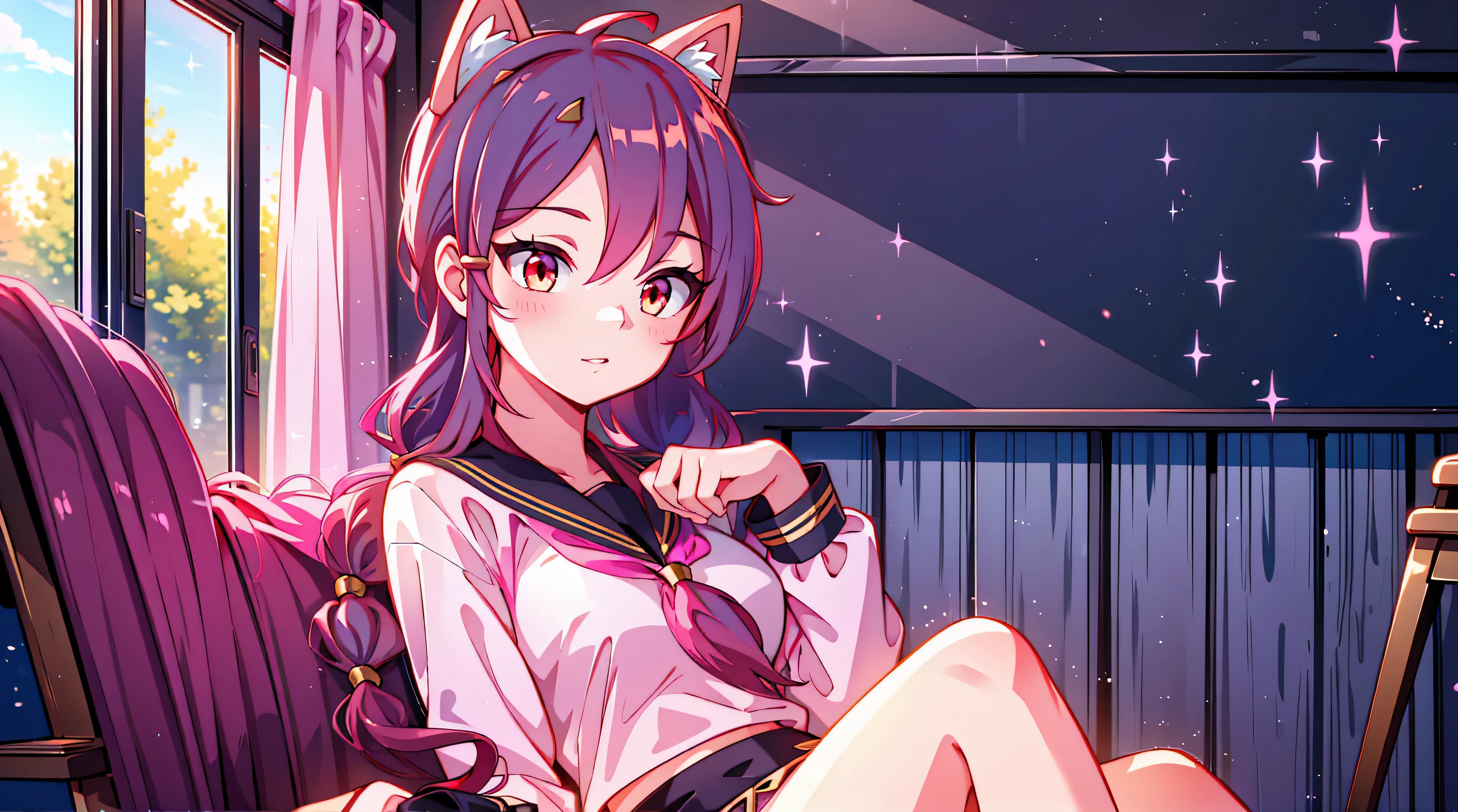 sunrise, skyline, sunrise, good quality shining golden and red eyes1 girl , long pink hair, she wears , very long hair, bright pink hair ,