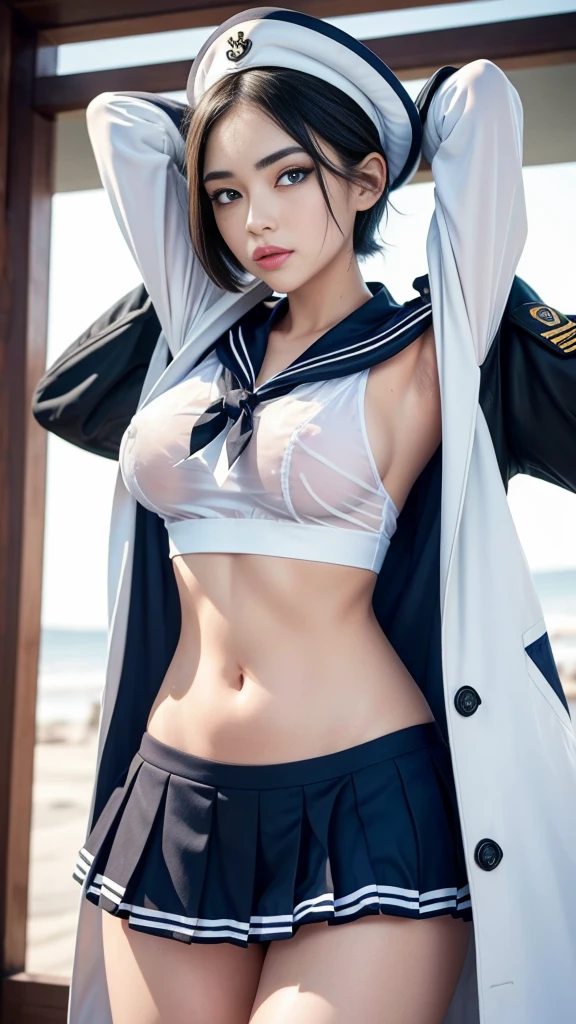 (ultra-detailliert), (1Girl:2.0), black Hair, (short Hair:1.7), (large tits:1.7), (glamorous:1.7), (perfect face:2.0), (ighly detailed face:2.0), (beatiful detailed Blue eyes:2.0), blush, Smile, (sweaty skin:1.6), cute, narrow eyes, (sailor Hat:1.5), (White sailor uniform:2.0), (ighly detailed), (put SuperLong General's Black coat over shoulder:2.0), (The coat flutters :1.9), (Black miniskirt:1.6), (white panties:1.2), (ighly detailed Navel:1.7), (Navel exposed clothes:1.7), (ighly detailed drenched clothes:1.7), (soaked:1.7), (see through panties:1.8), (see through uniform:1.8), (Arms up and behind head:2.0), (ighly detailed armpit:1.9), blue effect around it that resembles water and electricity, background starry sky and glowing green, (The best illustrations), (top-quality), (masterpiece:2.0), ((thick legs)), ((big thigh)),