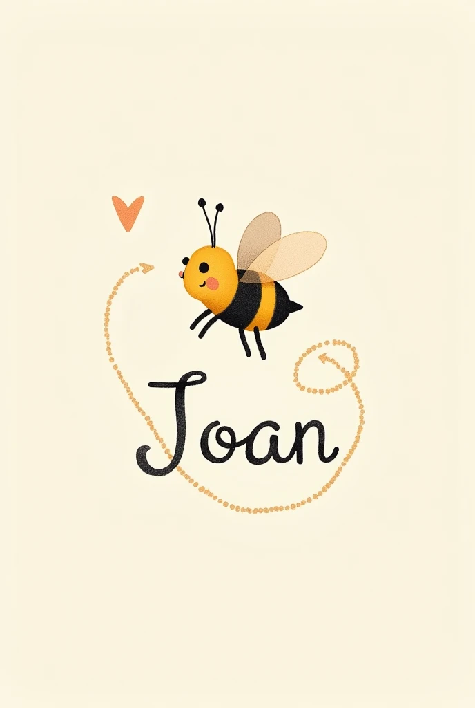 Tattoo of a non-realistic but tender drawing of a flying bee that shows its path with dotted lines that create the name Joan