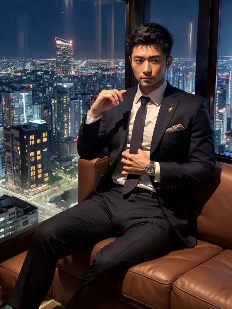 masterpiece:1.2, high quality:1.2, 1guy, 38_year_old, handsome, masculine Japanese male, beefy body:1.2, belly:1.2,firm chin, Stubble, very short hair,vary short hair, yakuza, black suit, black suit pants, big Crotch bulge, black socks, legs spread, sitting on the sofa, office with a night view of Tokyo through the window.