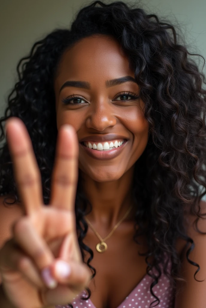 there is a black woman , the woman has curly black curly, she has brown skin, with dark brownish skin, with long curly, long black curly hair she is taking a long shot selfie whilst putting up the peace sign ✌️