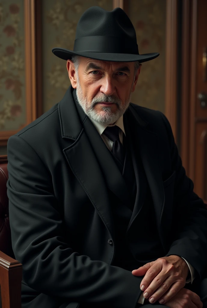 midle age man, tall and strong, with short hair and gray at the temples.Look brown and determined. Elegant outfit with black overcoat and hats. Confident and introspective posture.
