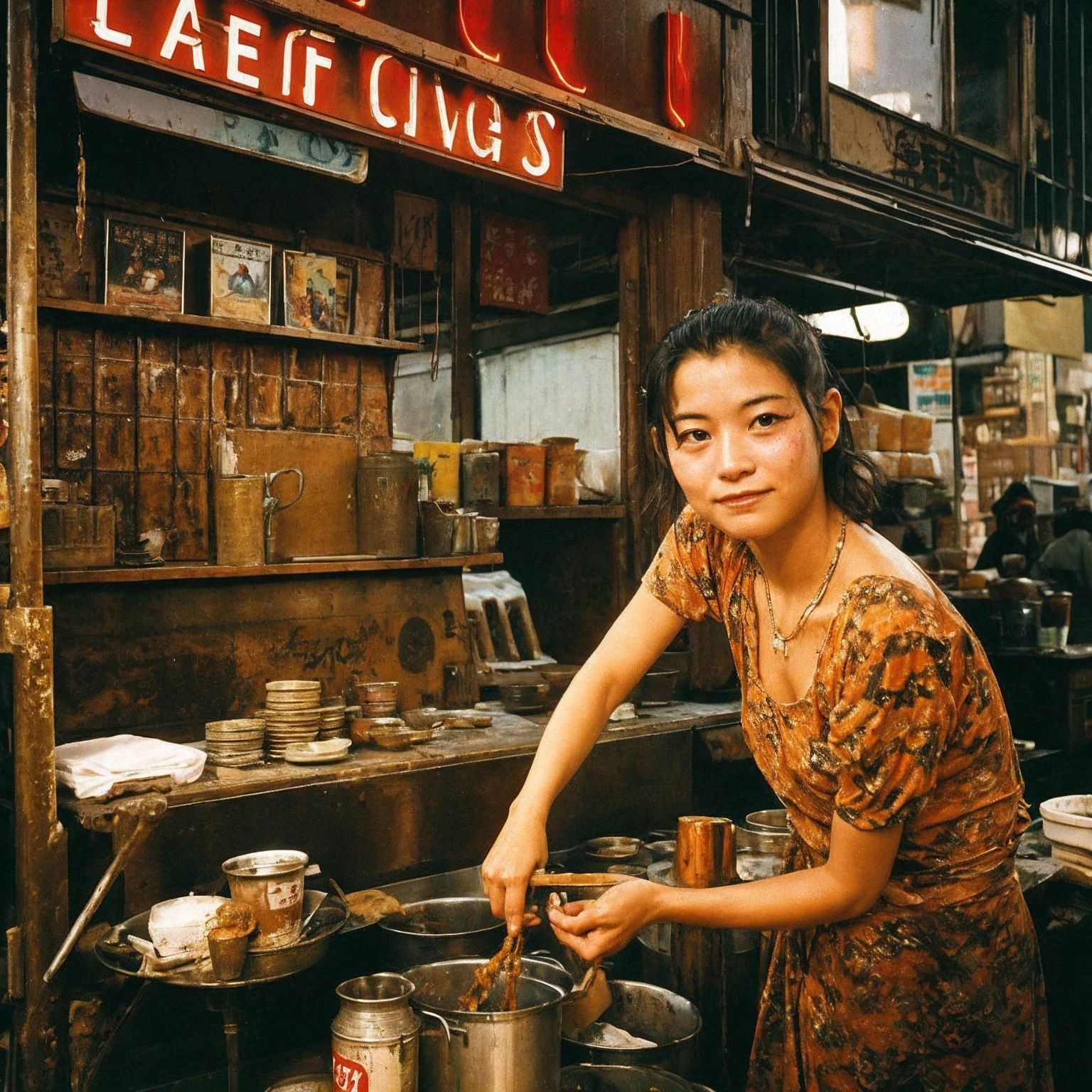 ((masterpiece、Highest quality))、Poor conditions、Japan 1980s, Dirty Standing Tavern、Old and dirty store, Unsanitary and dirty downtown Tokyo, Japan Streets, Cute girl working at the store、Poor workers、Rusted corrugated iron, Unhygienic restaurant, in the Tokyo cityscape, Kodachrome : : 8k yen, Vintage Photography, Printed matter from the 1970s