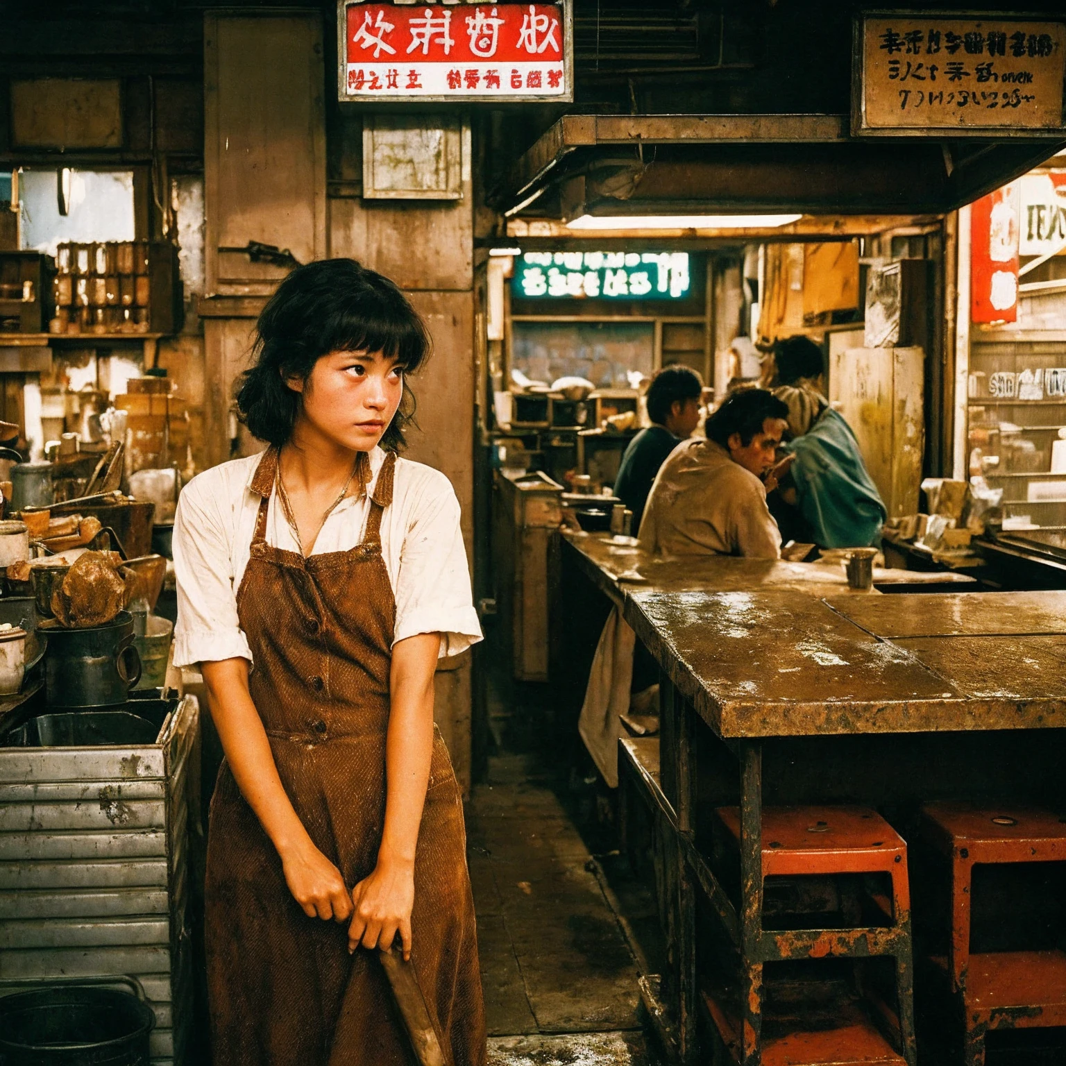 ((masterpiece、Highest quality))、Poor conditions、Japan 1980s, Dirty Standing Tavern、Old and dirty store, Unsanitary and dirty downtown Tokyo, Japan Streets, Cute girl working at the store、Poor workers、Rusted corrugated iron, Unhygienic restaurant, in the Tokyo cityscape, Kodachrome : : 8k yen, Vintage Photography, Printed matter from the 1970s