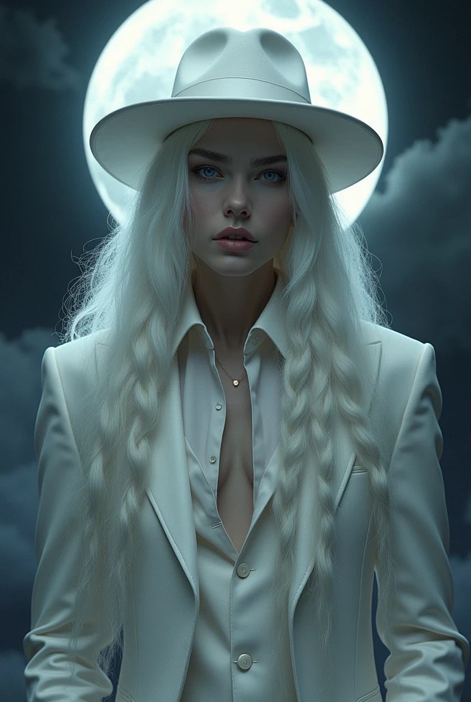 masterpiece, highest quality, solo focus, (perfect face:1.1), (high detail:1.1),dramatic, 1guy, (pale skin), long voluminous braided white hair, white eyes, solo, long hair, moon, night, white luxury suit, white fedora hat, covered navel, pouty lips, covered, Jazz club, detailed background, art by artgerm and greg rutkowski, gothic renaissance, cinematic lighting,