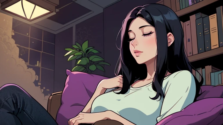 Beautiful woman in her 30s with black hair is sitting on the sofa. Looking down, eyes closed, LOFI girl, alone in the room, cozy wallpaper, big cushion, bookshelf, relaxing mood, night core, cozy, wide glass window with skyscrapers, outside view at night, only five fingers, purple wall, Well-formed face,She has a calm look