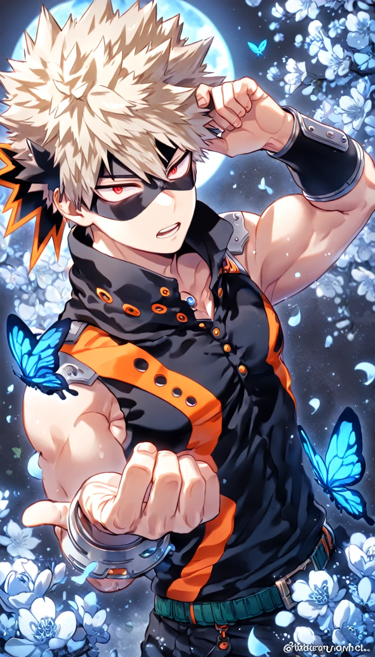 absurdres, highres, ultra detailed, HDR, master piece, best quality, extremely detailed, Bakugou Katsuki, ash-blonde hair, expressive red eyes, Boku No Hero Academia, solo, sexy man, handsome, manly man, sensual, black hero clothes, black eye mask, fantasy, magical, blue moon, blue flowers, blue butterflies, blue petals, blossoms