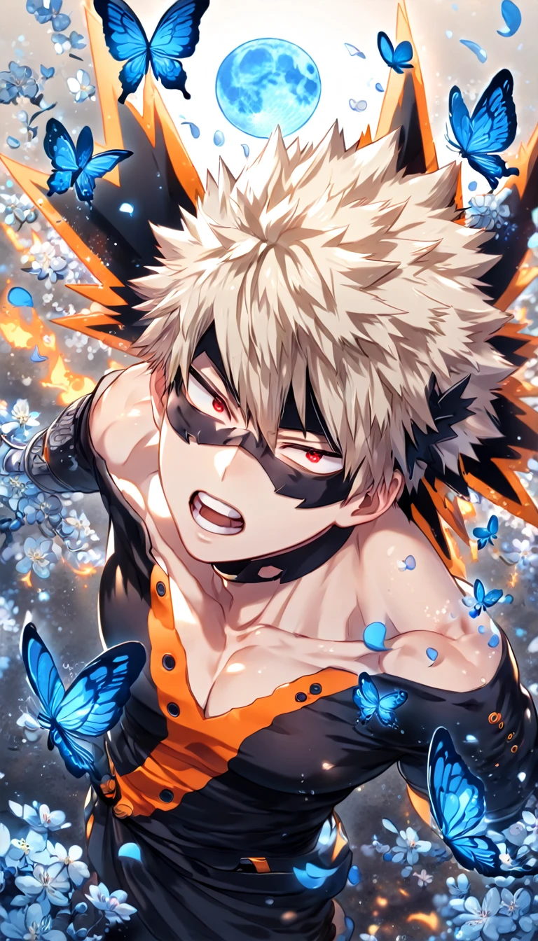 absurdres, highres, ultra detailed, HDR, master piece, best quality, extremely detailed, Bakugou Katsuki, ash-blonde hair, expressive red eyes, Boku No Hero Academia, solo, sexy man, handsome, manly man, sensual, black hero clothes, black eye mask, fantasy, magical, blue moon, blue flowers, blue butterflies, blue petals, blossoms