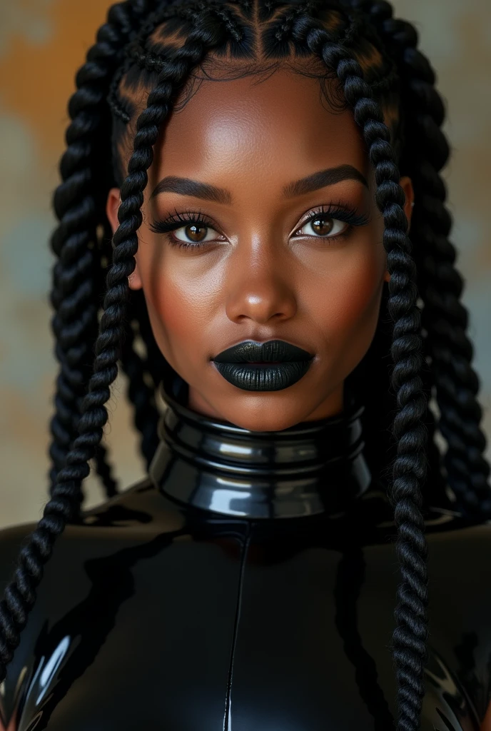 mixed woman, young, black lipstick naked, african braids, dimples, thick belt around neck, shiny latex bodysuit, close-up, UHD, retina, masterpiece, accurate, anatomically correct, textured skin, super detail, high details, high quality, award winning, best quality, highres