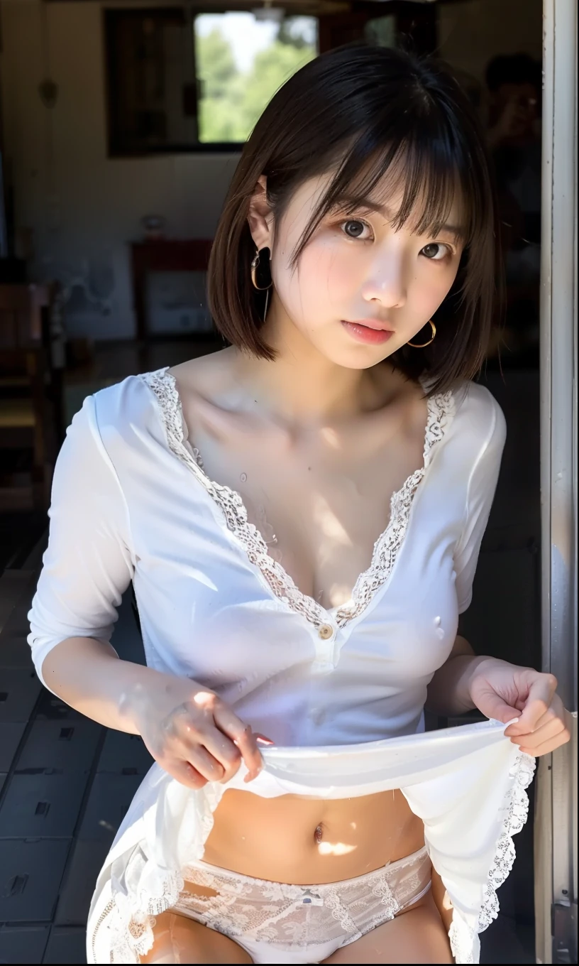 (Looking at the camera,looking at the camera),bent over:1,bent over:1,((The skin is wet from sweat)),Cleavage,Inside the house,entrance,Wearing a shirt,Looking down,Troubled face、Skirt Lift、Lift your skirt with your hands,woman, 20-year-old, Short Hair、bangs、(Plain Skirt),(White lace panties)、Cute earrings