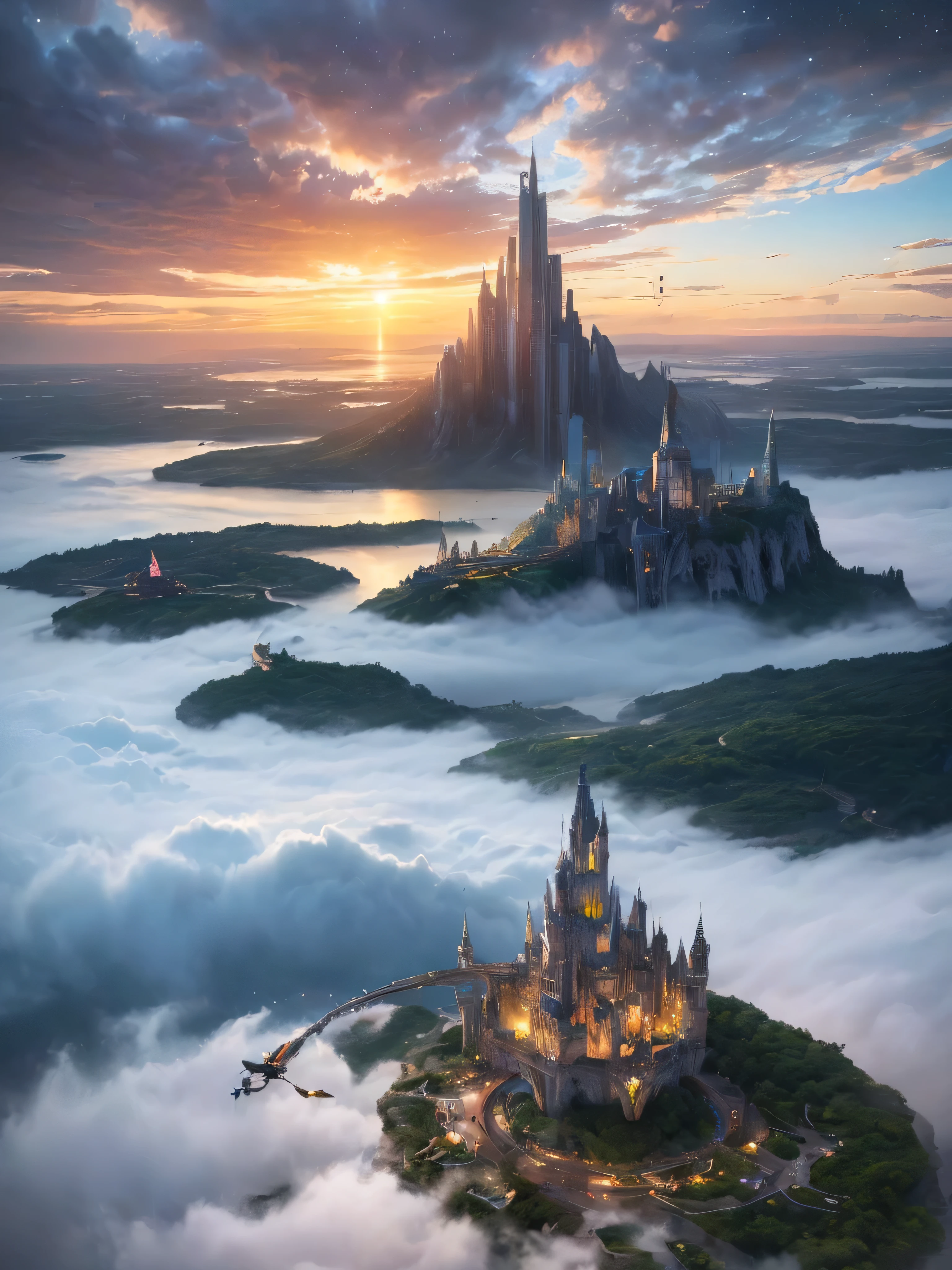 (8k, highest quality, masterpiece, final fantasy style: 1.2), (unRealistic, photoRealistic: 1.37), Dreamy landscape, Fantasy, Unsurreal landscapes, Super detailed, Flying Castle, Floating Island in the Sky, Seven-colored swirl of light, Intense lightning, milky way, Complex Light, Colored light, Large Lake, Starry sky reflected on the lake surface, Countless shining stars, Meteors, Reflections , (A pillar of light emanated from the ground:1,2), roses and orchids gardens , sunset, pink clouds, waterfalls in the sky, realistic style, Hyperrealism drawing, (a flying pirate spaceship floating high above the clouds, burning skyscrapers, cyborgs, timeless realms, stunning princess standing , casting spell, healing light magic effect, in a magical lagoon of the fairyland, crystal clear water surface reflections, sharp focus, looking at viewer, (close-up:0.9), (bright white theme:1.2), (bright white tone:1.2), (deep blue tone:1.3),((( realistic, Hyperrealism, vivid colours , landscapes , alien cyborgs , science fiction themes))),