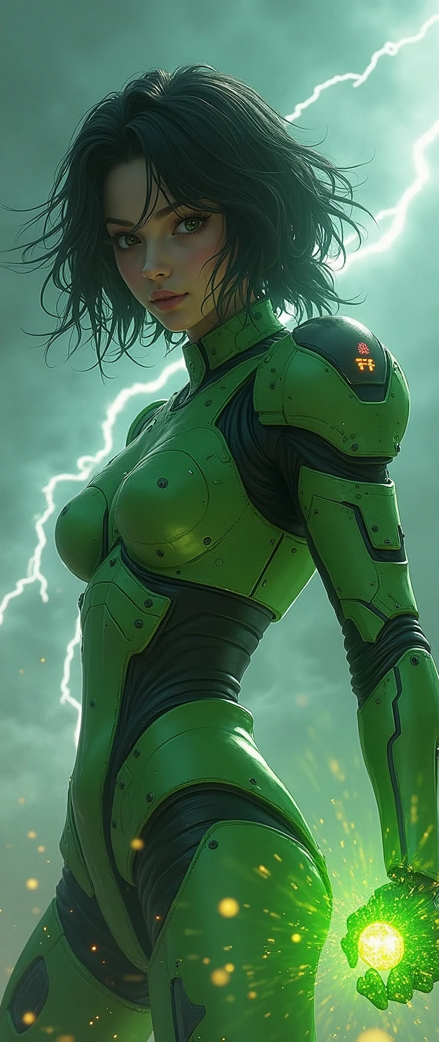 (masterpiece:1.2, Highest quality,High resolution,Super detailed),8k,wallpaper,(Very detailed),(Armored Core Style),Woman in ninja robot armor,Black Hair,Random Hairstyles,(Wind Ninja),(Light green body),(Detailed face:1.3),(Detailed body:1.3),((Cowboy Shot)),(The background is a tornado and lightning:2.0),Hair blowing in the wind,cyber punk,(dynamic),(Preparing for battle,Store a ball of wind energy in your palm.:2.0,The electronic parts of the armor glow.),(Detailed hands:1.6),(Flashy special move effects:2.0)