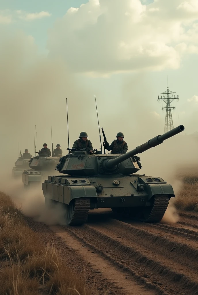 Russian tanks and Russian infantry charge in formation
