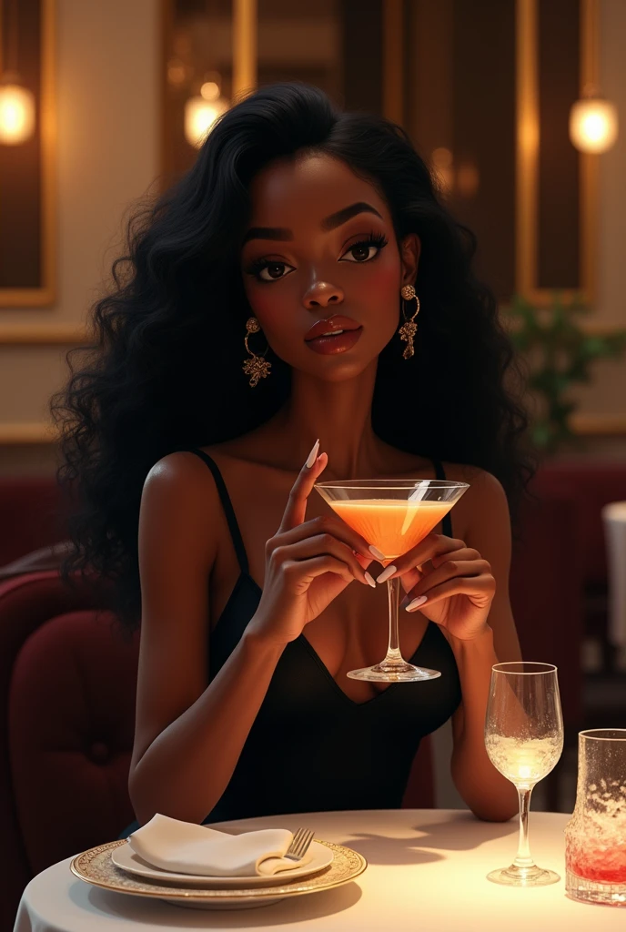 there is a black woman , the woman has curly black curly, she has dark skin, with dark brownish skin, with long curly, long black curly hair she is at a fancy restaurant drinking a cocktail