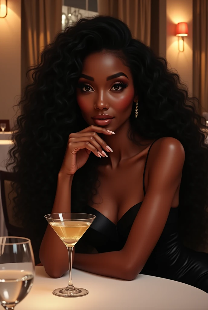  there is a black woman , the woman has curly black curly, she has dark skin, with dark brownish skin, with long curly, long black curly hair she is at a fancy restaurant drinking a cocktail 