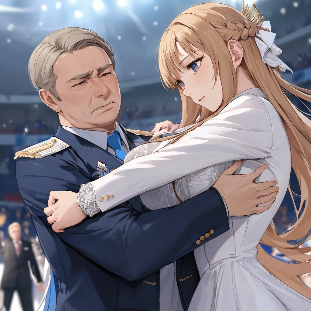 ((Highest quality)), ((masterpiece)), (detailed), （Perfect Face）、The woman is Yuuki Asuna, a Russian with light brown, semi-long hair.、The woman is a member of the United Russia party and is beautifully dressed in a suit and lavish accessories.、She is a United Russia member who is dedicated to the cause of a great United Russia, and she deeply respects and worships the leader of the Great Russian Party, a United Russia supremacist.、As the secretary and mistress of a great United Russia official, the woman wholeheartedly devotes herself to serving, embracing, supporting, and following the great and beloved official, devoting herself to both body and soul.、The man is holding the woman as his lover