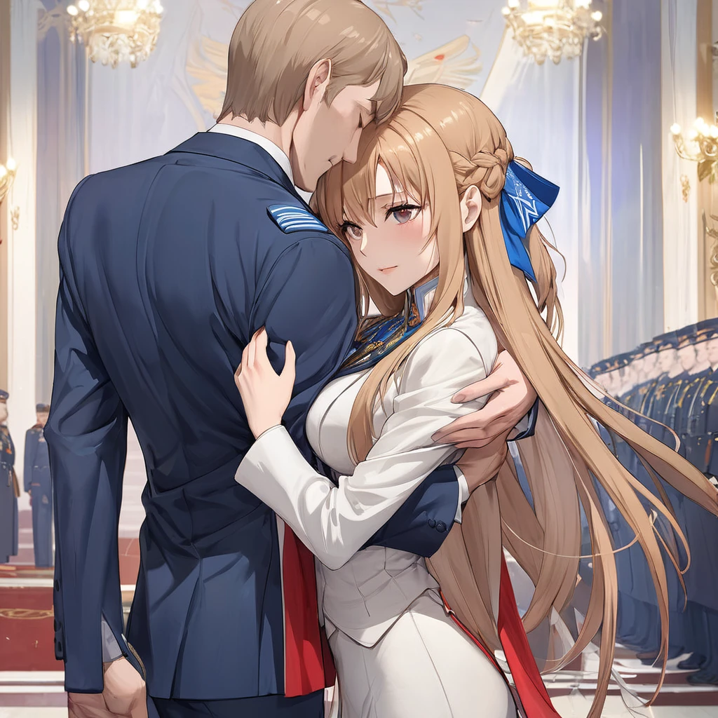 ((Highest quality)), ((masterpiece)), (detailed), （Perfect Face）、The woman is Yuuki Asuna, a Russian with light brown, semi-long hair.、The woman is a member of the United Russia party and is beautifully dressed in a suit and lavish accessories.、She is a United Russia member who is dedicated to the cause of a great United Russia, and she deeply respects and worships the leader of the Great Russian Party, a United Russia supremacist.、As the secretary and mistress of a great United Russia official, the woman wholeheartedly devotes herself to serving, embracing, supporting, and following the great and beloved official, devoting herself to both body and soul.、The man is holding the woman as his lover