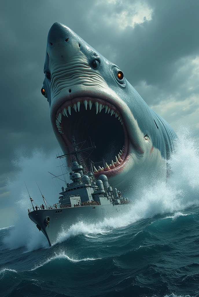 Six-eyed great white shark destroys warship
