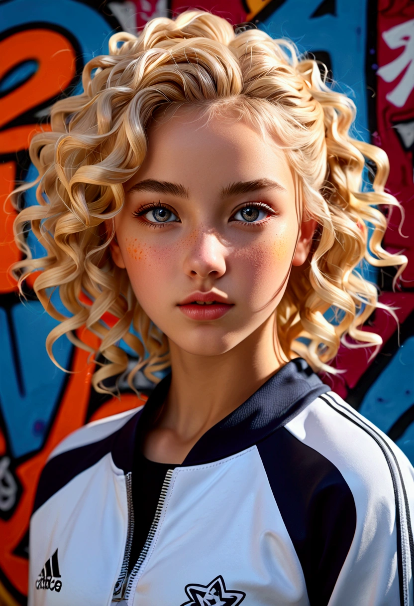 (best quality), masterpiece, Highly detailed CG uniform 8K photos, high color, extremely high color saturation, All colors have deepened., Paint, graffiti art, Center composition, Highly detailed lights and shadows, graffiti wall, wall Painted bright, 1 girl perfect back view_graffiti wall을 바라보는 소녀 1명, Highly detailed face and eyes, Blonde hair with fluffy curls, Sportswear, Three-dimensional description,