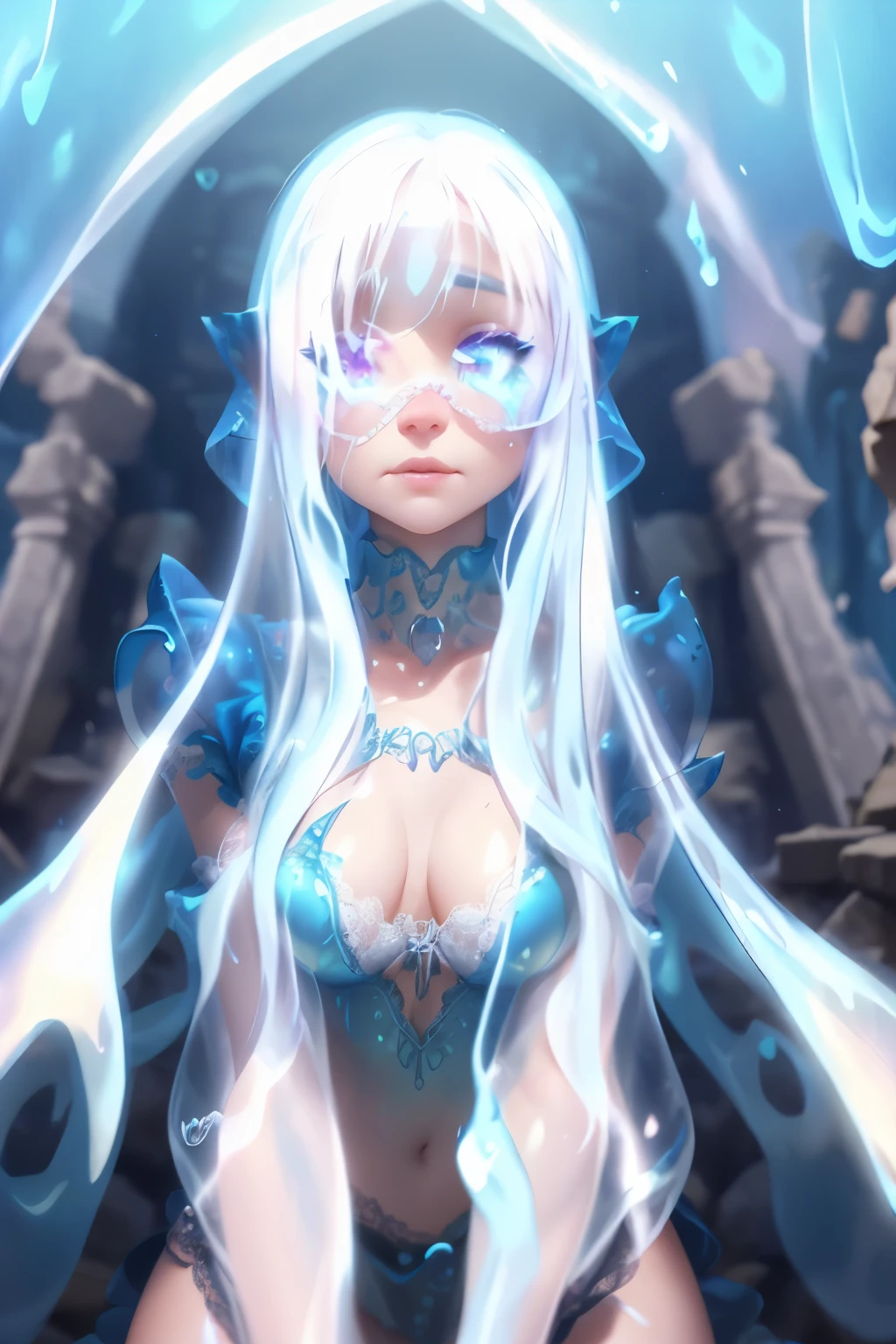 (La Best Quality,A high resolution,Ultra - detailed,actual),Ariana Grande Bio-Translucent Slime Infused, mini skirt pink :1.4, ,(Ruined dungeon ruins background:1.4 ), More detailed 8K.unreal engine:1.4,UHD,La Best Quality:1.4, photorealistic:1.4, skin texture:1.4, Masterpiece:1.8,first work, Best Quality,object object], (detailed face features:1.3),(The correct proportions),(Beautiful blue eyes),  (cowboy pose), (Ariana Grande :1.4),( cinematic lighting :1.4), (perfect anatomy :1.4),(Bio-Translucent Slime Infused:1.4), (perfect anatomy :V2.1), (lace style lingerie slime transparent :1.4), Epic Fantasy Art Style HD, 4K fantasy art, epic fantasy digital art style, epic fantasy art style, Fantasy Woman, epic fantasy art portrait, Epic fantasy style, hyperrealistic fantasy art, hd fantasy art, Epic fantasy character art, epic fantasy art, in style of dark fantasy art, epic fantasy digital art, (dedos detailed perfect :1.4), (not mutations) 