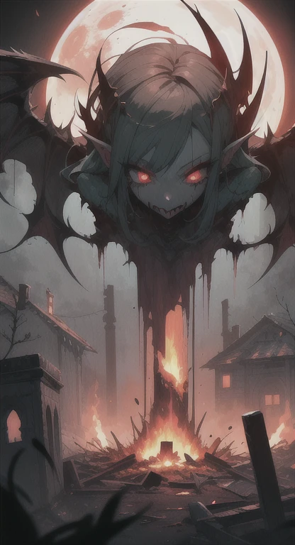 Burning village, ruins, extremely horrifying, ancient female creature, demonic, Kirlia, glowing red eyes, eyes in the fog, rotting, looking dead, torn wings, bloodmoon,