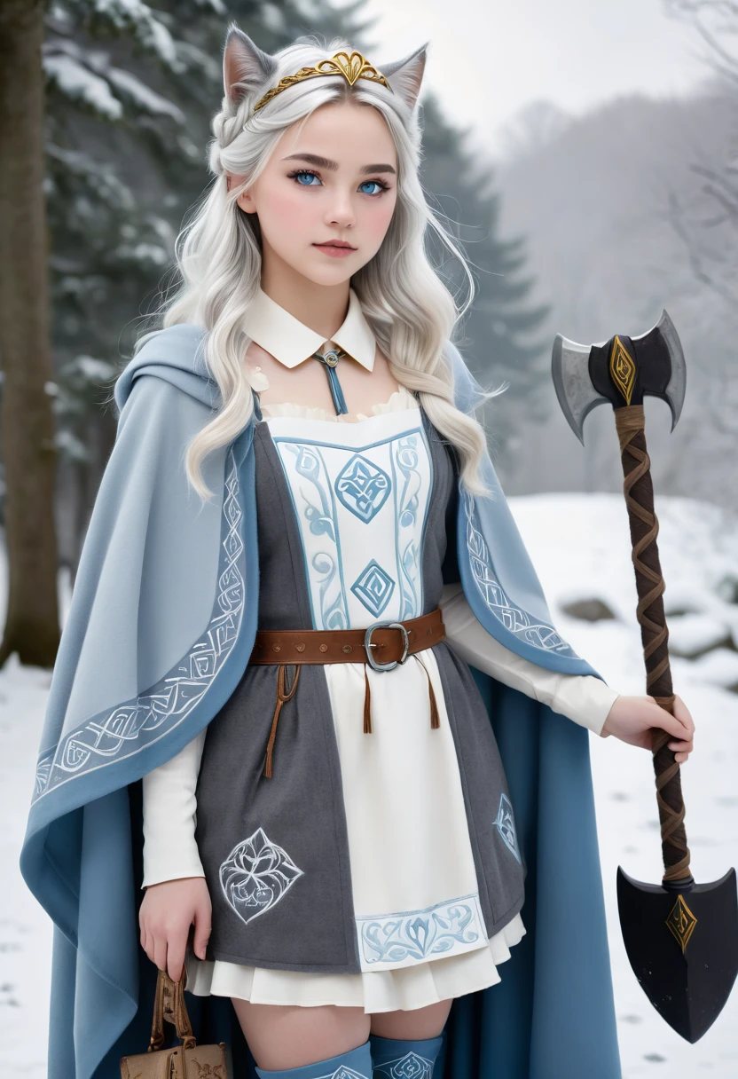 A beautiful photo of tween wearing a Norse style charcoal grey woolen gown with elegant pale azure blue princess style apron, runes of family, love, healing and protection are embroidered along it, with knee high stockings, white doeskin boots, and a beautiful cloak with silver white collar, has golden white hair. The hairstyle is elegant loose waves with a Dutch braided crown with a silver diamond circlet with a triforce gem, holding a magical axe, white leather magic bag, warrior princess, shadow cat is a pale grey-white, the color of thick mountain morning mist, beautiful curvy girl, 12k, ancient Norse, octane render, perfect eyes, wide hips, large saggy chest 