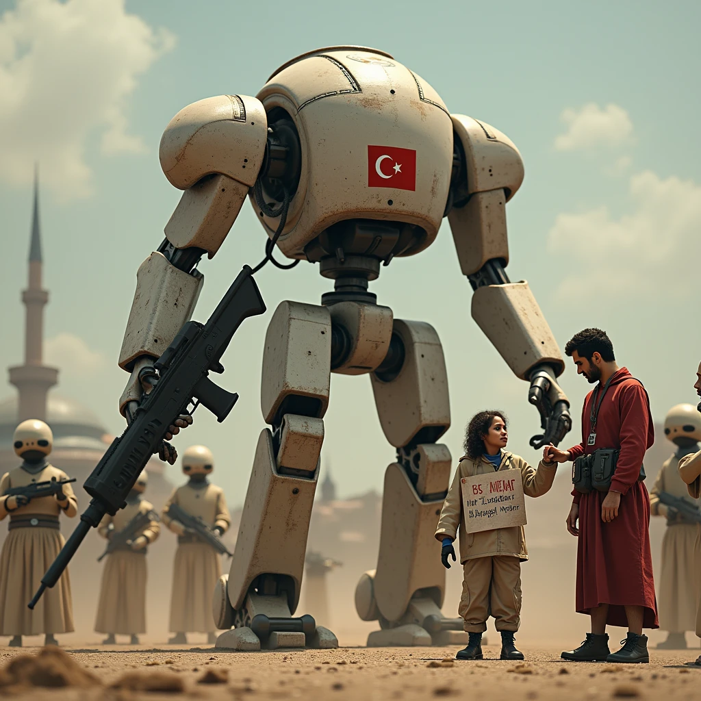 a realistic humanoid machine, holding a large gun in one hand, surrounded by medium-sized humanoid machines,
the medium-sized machines are holding a gun and pointing it at the large machine,
the large machine is ignoring them, the large machine has a small Turkish flag on its chest, the medium-sized Arab machine is standing in front of the large machine, the Arab machine has a note on its clothing, the large machine is patting the Arab machine's head with its other hand, the Arab machine's clothing says ADNAN