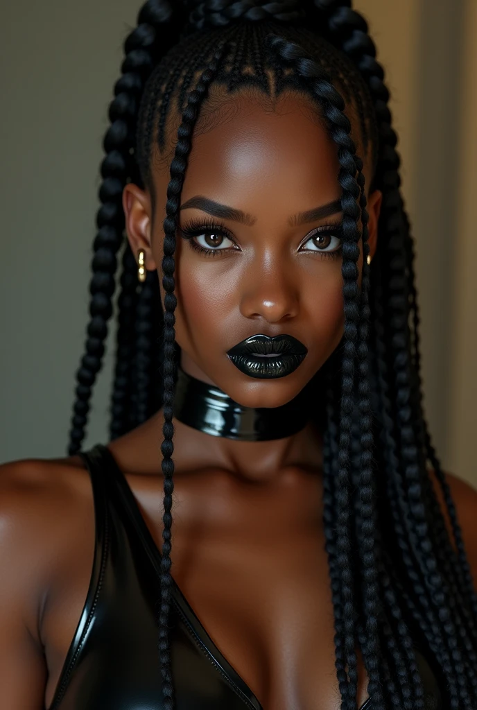 mixed woman, young, black lipstick naked, african braids, dimples, thick belt around neck, naughty expression, shiny latex bodysuit, close-up, UHD, retina, masterpiece, accurate, anatomically correct, textured skin, super detail, high details, high quality, award winning, best quality, highres
