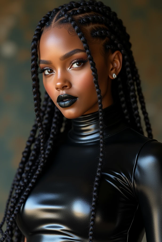 mixed woman, young, black lipstick naked, african braids, dimples, thick belt around neck, naughty expression, shiny latex bodysuit, close-up, UHD, retina, masterpiece, accurate, anatomically correct, textured skin, super detail, high details, high quality, award winning, best quality, highres
