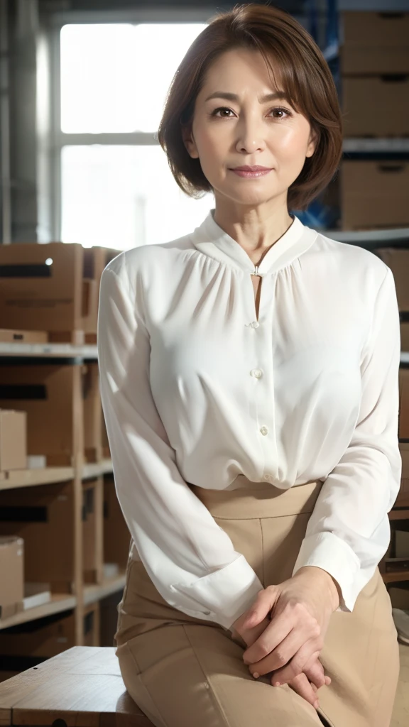 High resolution, High resolution, Attention to detail, masterpiece,(Middle-aged person), Anatomically correct, sharp, ((Japanese Mature)),(80 years old:1.3),(Facial wrinkles), Shapely breasts,Fair skin, Light brown hair,(Semi-long hair), bangs,(((Stand upright, facing the center))),Look at the photographer, Open your mouth and stare straight ahead,(White blouse:1.4),(Tight Skirt:1.3),(Sitting),(Thighs:1.1),Inside the warehouse,(Serious expression:1.2),(old woman:1.2),Mature housewife